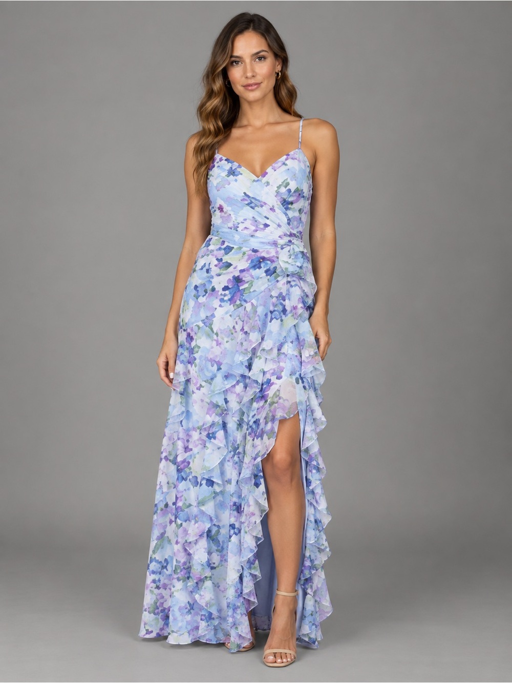 XSCAPE Floral-Print Rosette Ruffled Gown Maxi Dress Pastel colors Size 12 B3123